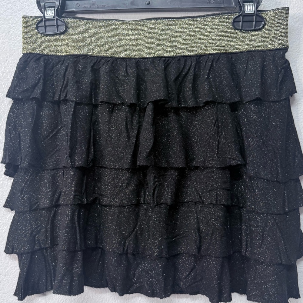 Twenty One Black Tiered Ruffle Mini Skirt Gold Waistband Boho Festival Medium